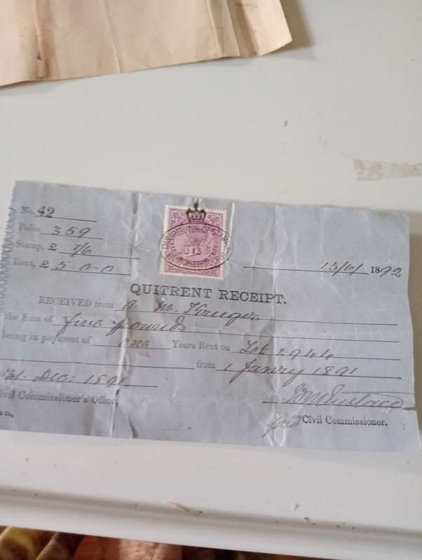 ANTIQUE  1892 QUIT RENT RECEIPT  FOR AM KRUGER
