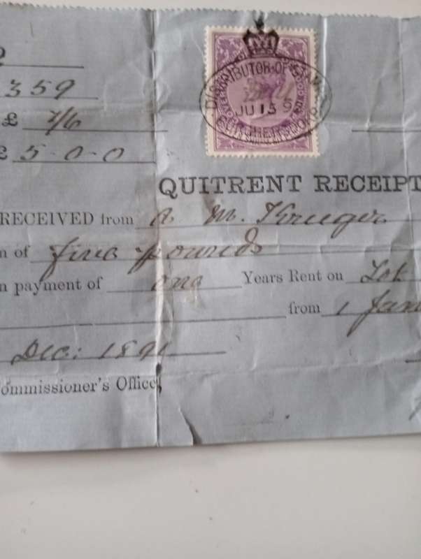ANTIQUE  1892 QUIT RENT RECEIPT  FOR AM KRUGER
