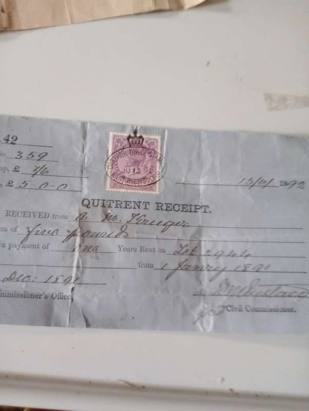 ANTIQUE  1892 QUIT RENT RECEIPT  FOR AM KRUGER