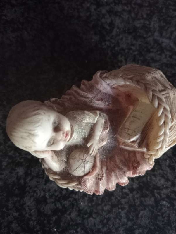 VINTAGE PORCELAIN BABY IN CRIP ORNAMENT