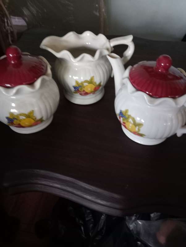 VINTAGE PORCELAIN FRUIT MOTIF  SUGAR BOWL TEAPOT AND MILK JUG