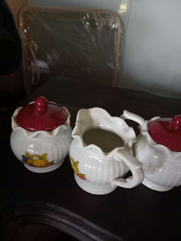 VINTAGE PORCELAIN FRUIT MOTIF  SUGAR BOWL TEAPOT AND MILK JUG