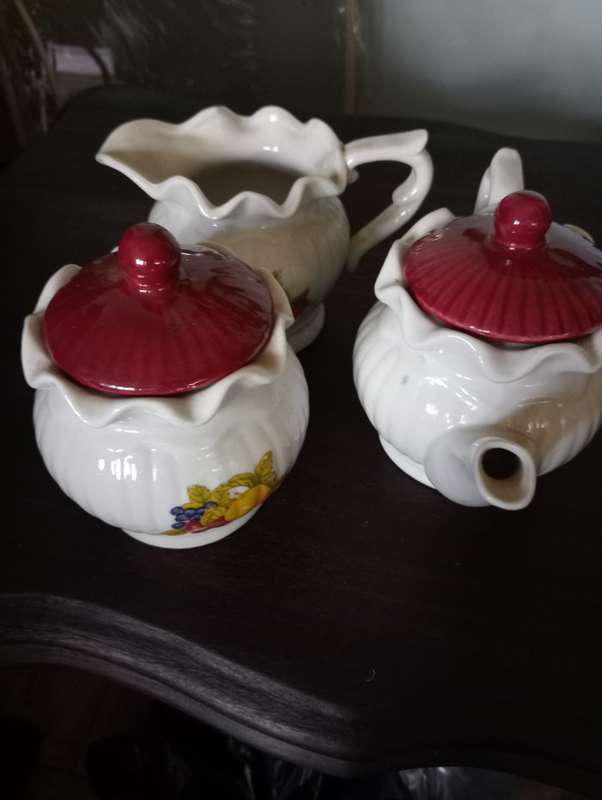VINTAGE PORCELAIN FRUIT MOTIF  SUGAR BOWL TEAPOT AND MILK JUG