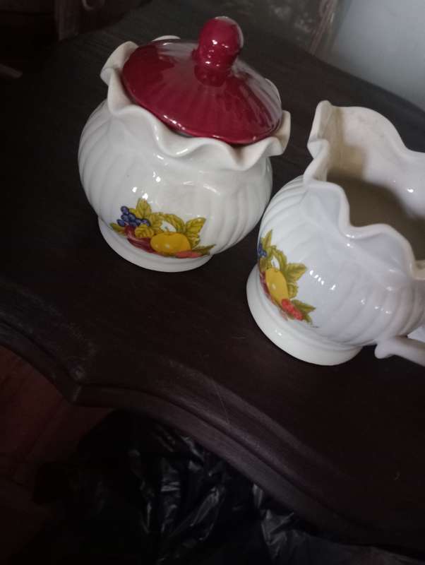 VINTAGE PORCELAIN FRUIT MOTIF  SUGAR BOWL TEAPOT AND MILK JUG
