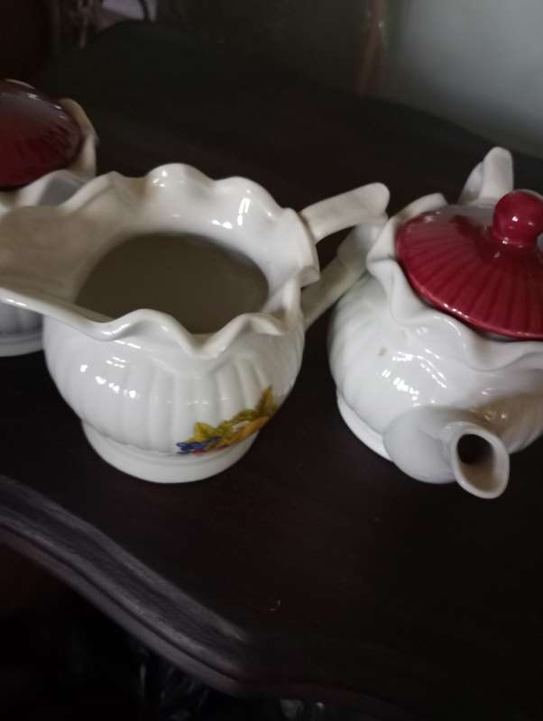 VINTAGE PORCELAIN FRUIT MOTIF  SUGAR BOWL TEAPOT AND MILK JUG