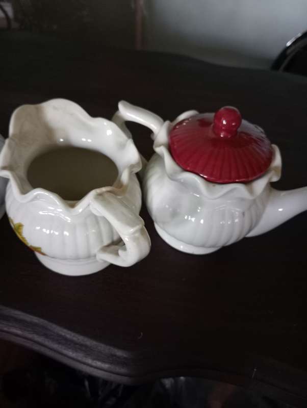 VINTAGE PORCELAIN FRUIT MOTIF  SUGAR BOWL TEAPOT AND MILK JUG