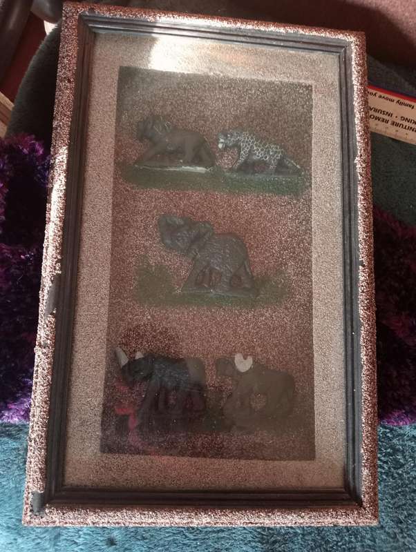VINTAGE STONEWARE ANIMALS FRAMED WITH GLASS