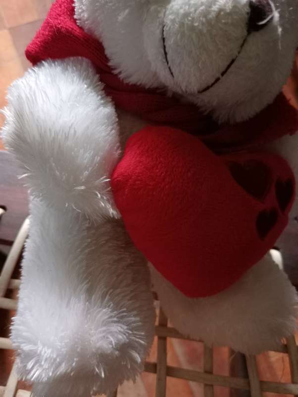 VINTAGE TEDDY WITH RED CUSHION
