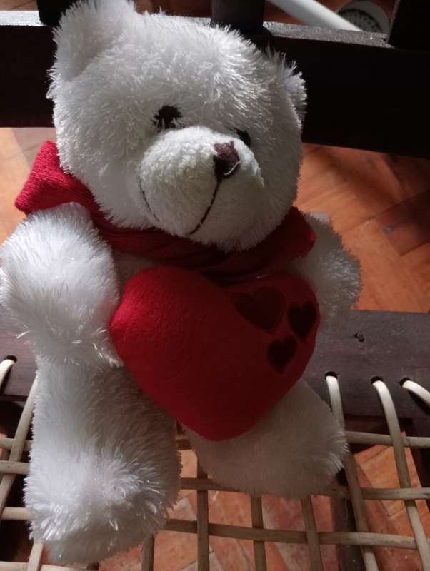 VINTAGE TEDDY WITH RED CUSHION