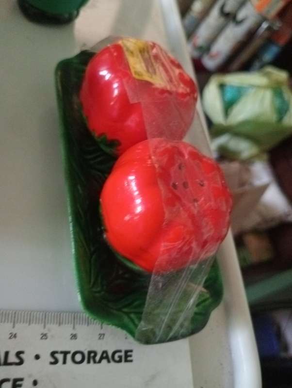 VINTAGE TOMATO SALT AND PEPPER SET ON TRAY