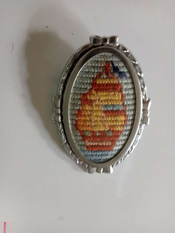 VINTAGE CROSSTITCH SHIP  SILVER PLATED BROOCH