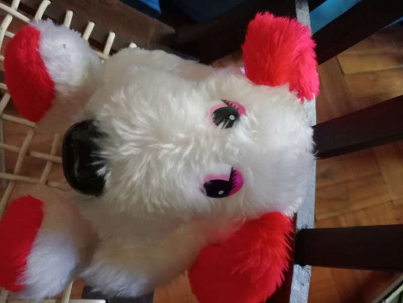VINTAGE WHITE AND RED STUFFED DOG