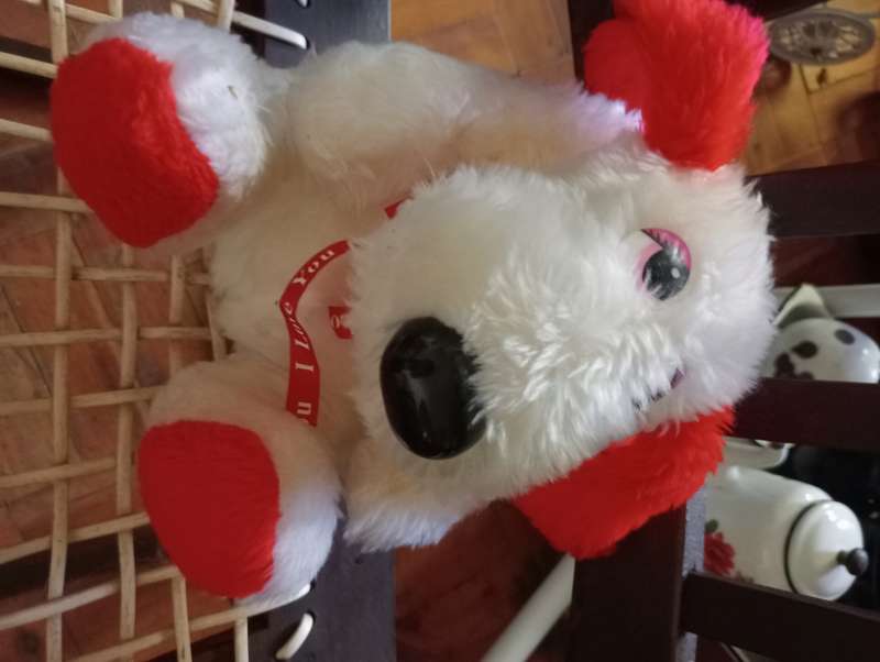 VINTAGE WHITE AND RED STUFFED DOG