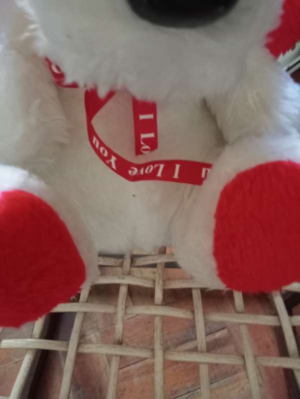 VINTAGE WHITE AND RED STUFFED DOG