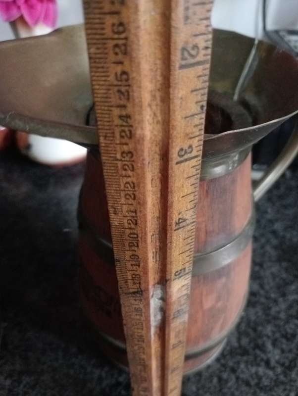 VINTAGE VICEROY  WOOD AND BRASS JUG IN WOODEN STAND
