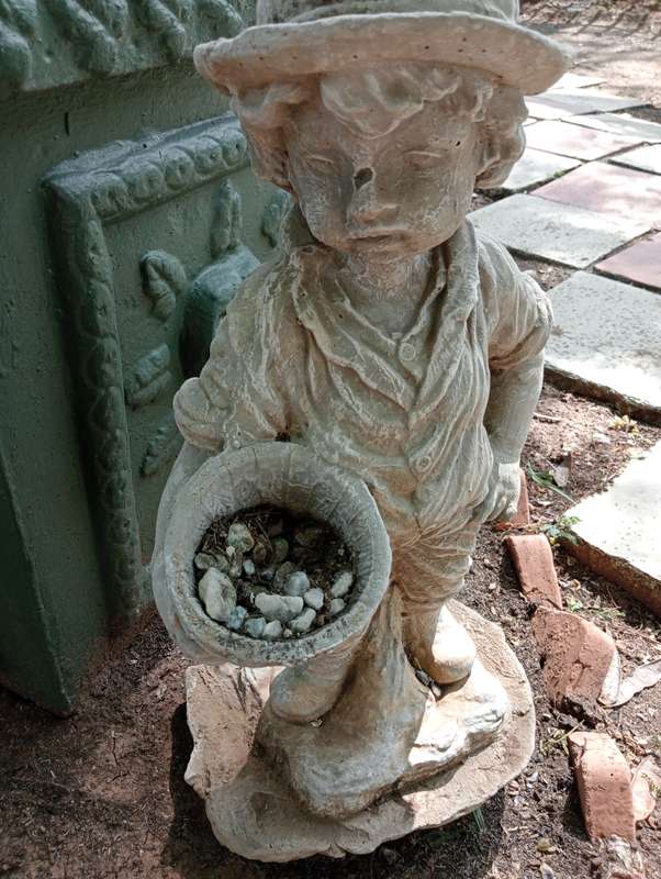 VINTAGE GARDEN STATUE BOY WITH PLANT HOLDER IN HAND