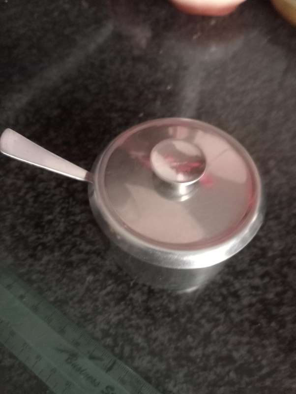 Vintage sugar pot with lid and spoon