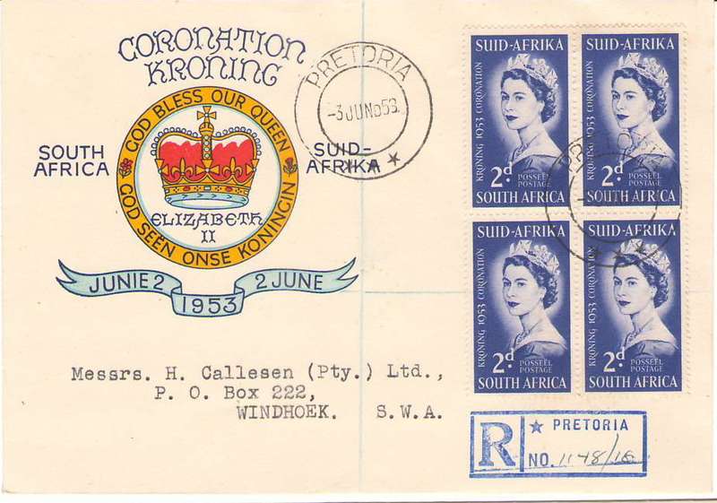 FDC UNION CORONATION QE11 1953 ILLUSTRATED LOVELY BLOCK OF 4