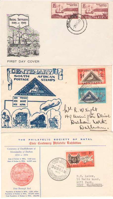 FDCS UNION X3 - SETTLERS, CAPE TRIANGLE AND PHILATELIC SOCIETY