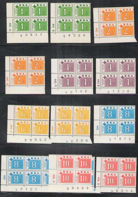 POSTAGE DUE 1972 CONTROL BLOCKS OF 4 SET OF 6 A & B  UMM CVR2200