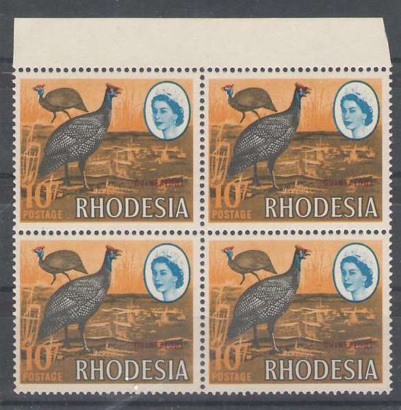 RHODESIA 1966 10/- BLOCK OF 4 UMM MARDON PRINTING CV R1200