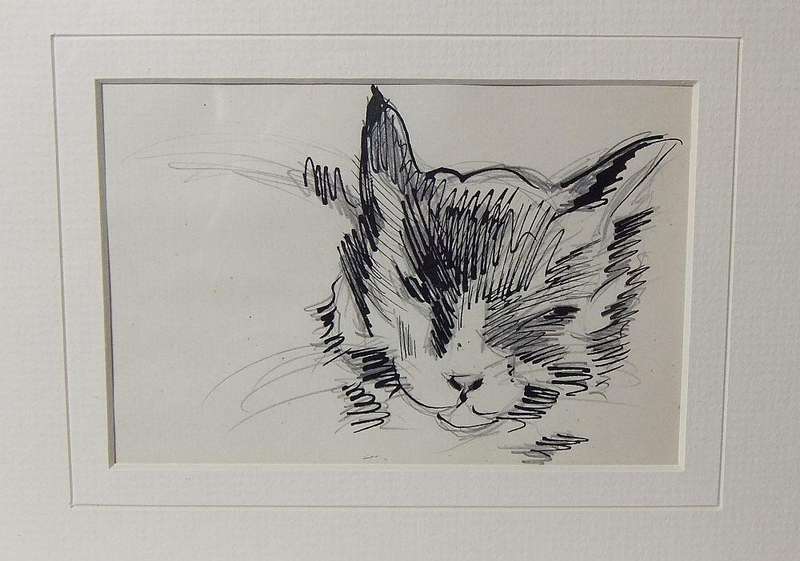 An original mixed media sketch by international artist Hedwig Brecher Eibuschitz " cat study "