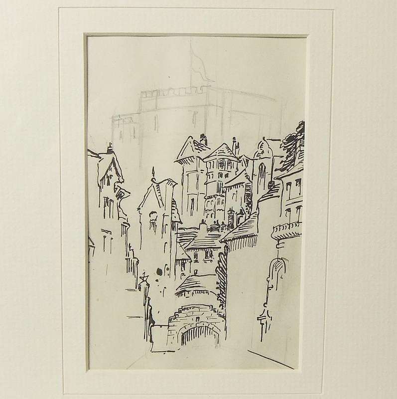 An original pencil & ink sketch by international artist Hedwig Brecher Eibuschitz " town study "