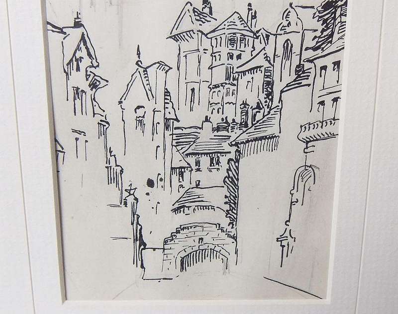 An original pencil & ink sketch by international artist Hedwig Brecher Eibuschitz " town study "
