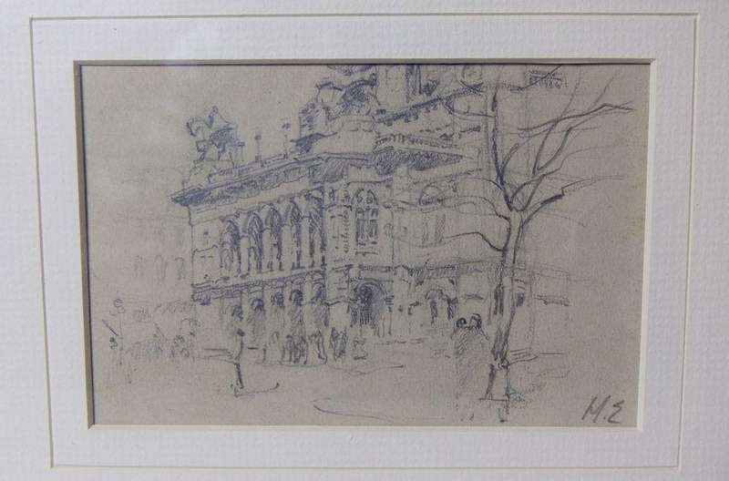 An original signed pencil sketch by international artist Hedwig Brecher Eibuschitz " architecture "
