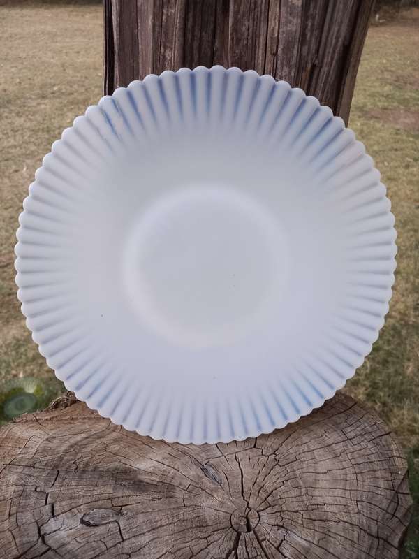 Opalescent milk glass cake plate