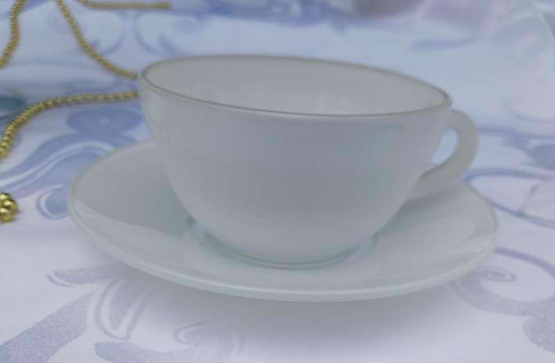 Vintage Duralex France cups and saucers white