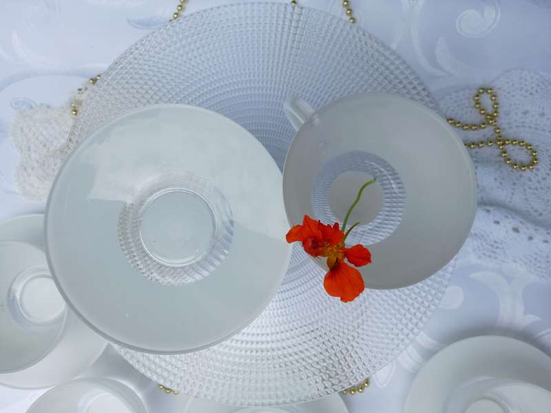 Vintage Duralex France cups and saucers white