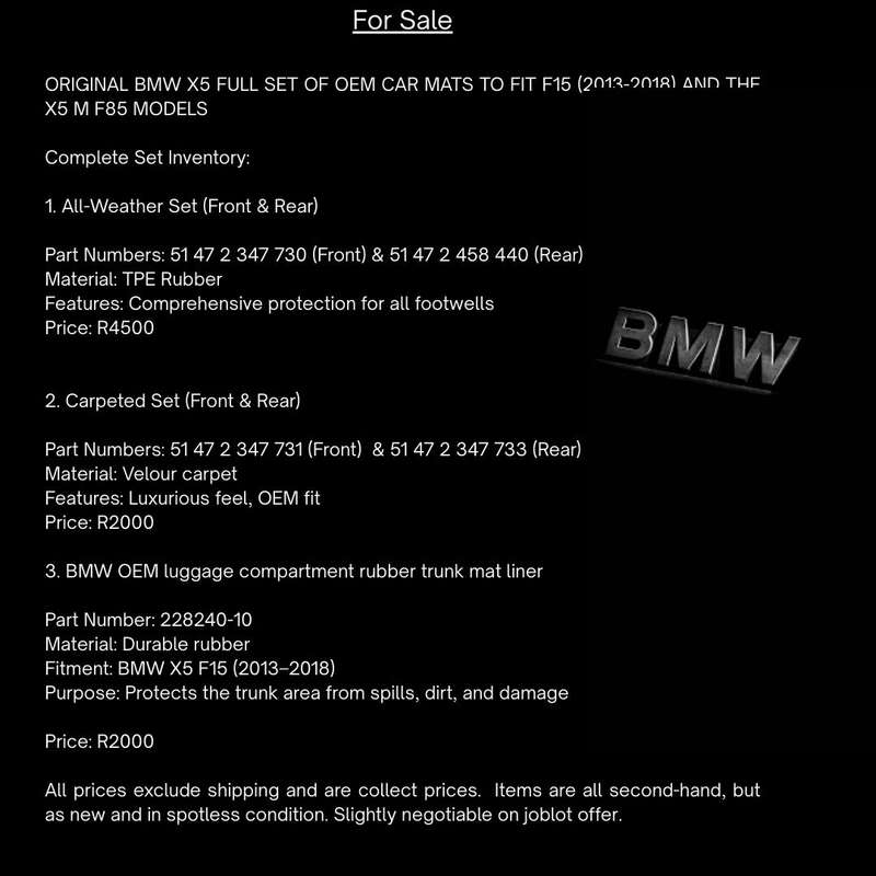 ORIGINAL BMW X5 FULL SET OF OEM CAR MATS TO FIT F15 (2013-2018) AND THE X5 M F85 MODELS