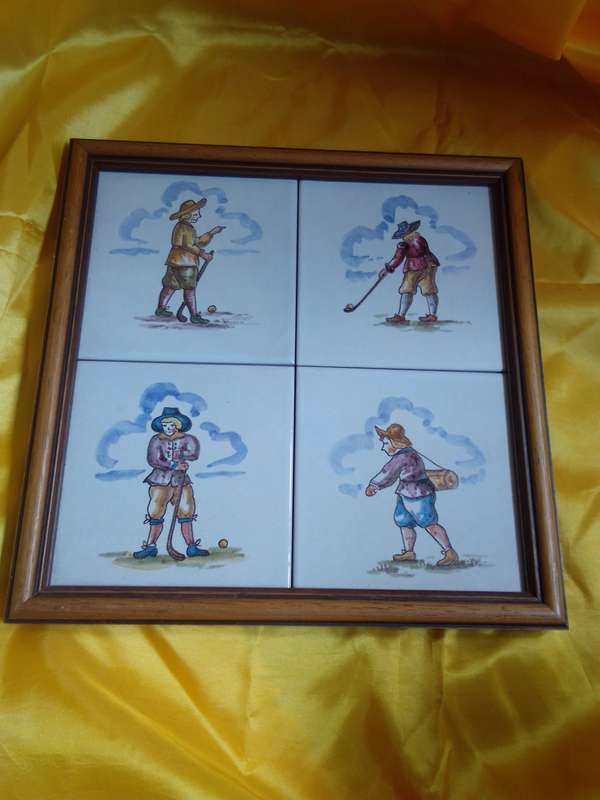 Four Vintage Framed Tiles (Depicting a 17th Century Golfer)