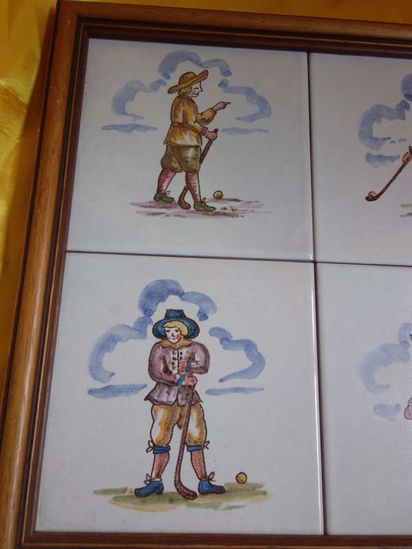 Four Vintage Framed Tiles (Depicting a 17th Century Golfer)