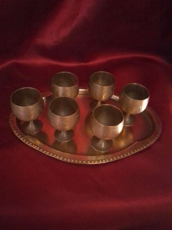 Vintage Brass Sherry Goblets on brass Tray