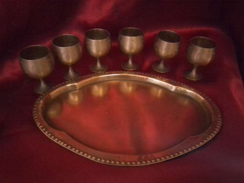 Vintage Brass Sherry Goblets on brass Tray