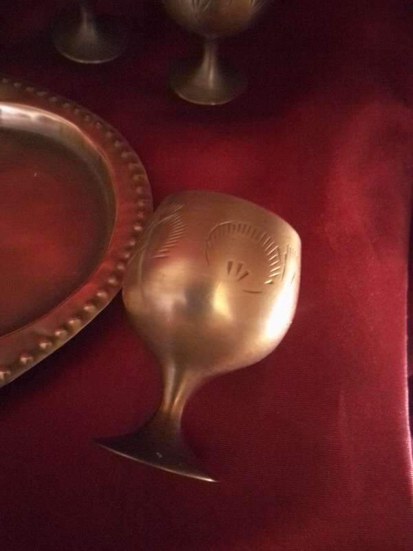 Vintage Brass Sherry Goblets on brass Tray
