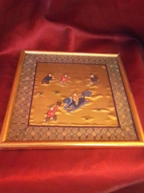 Vintage Chinese Glass Framed Silk Embroidery