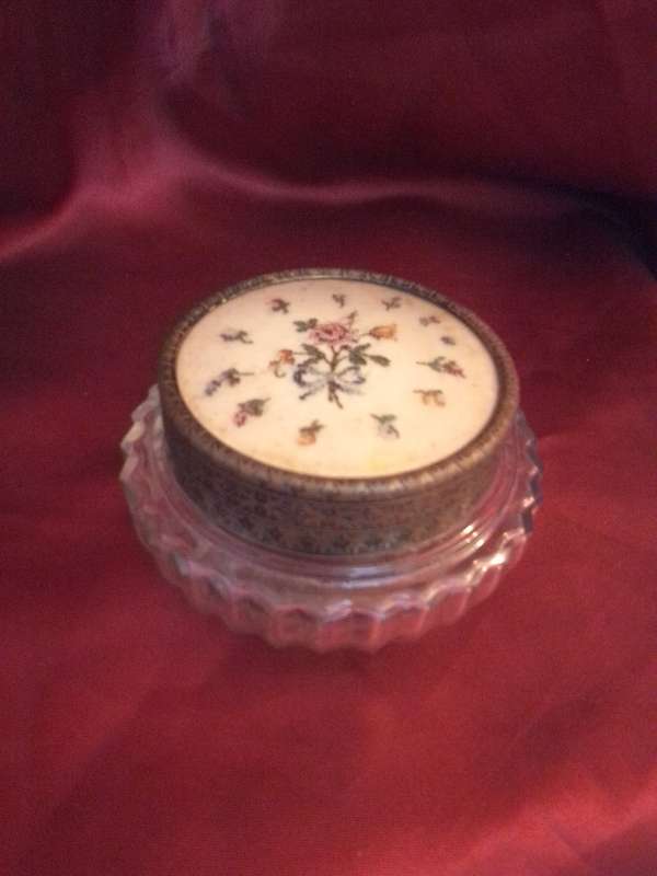 1950's Regent England Glass & Brass Powder Box with Silk Top Embroidery