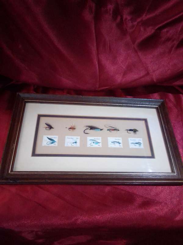 Circa 1982 Framed Set of Transkei Stamps With Corresponding Fishing Flies