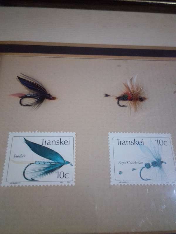 Circa 1982 Framed Set of Transkei Stamps With Corresponding Fishing Flies
