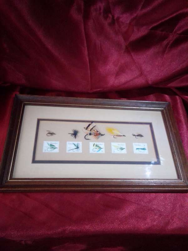 Circa 1980 Framed Set of Transkei Stamps With Corresponding Fishing Flies