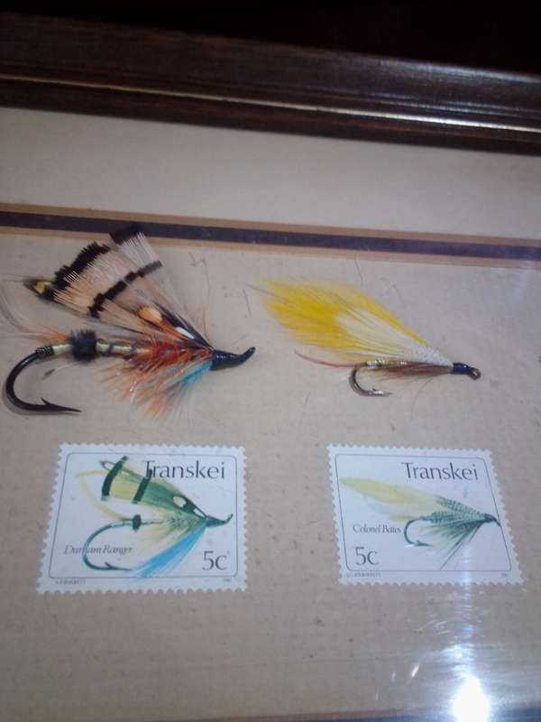 Circa 1980 Framed Set of Transkei Stamps With Corresponding Fishing Flies
