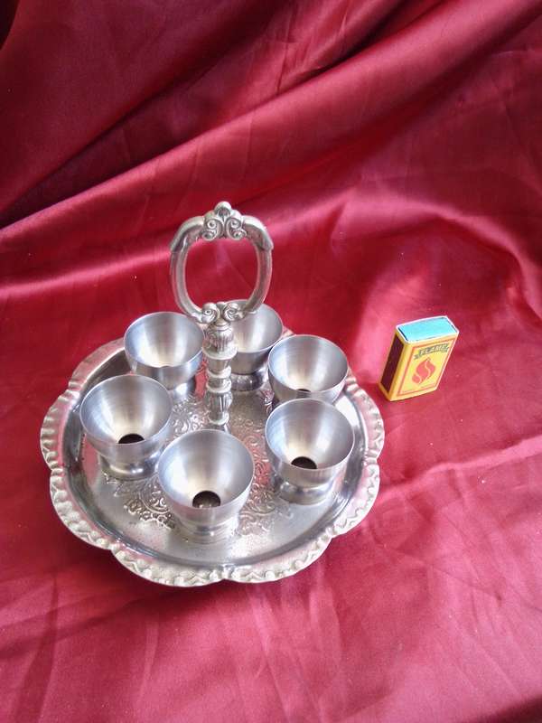 Vintage Plated Tray with 6 x Stainless Steel Egg Cups