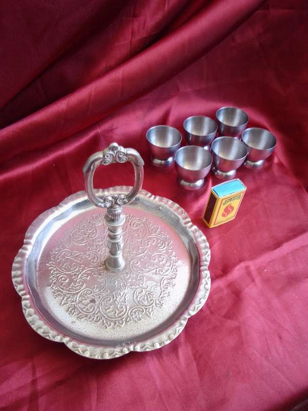 Vintage Plated Tray with 6 x Stainless Steel Egg Cups