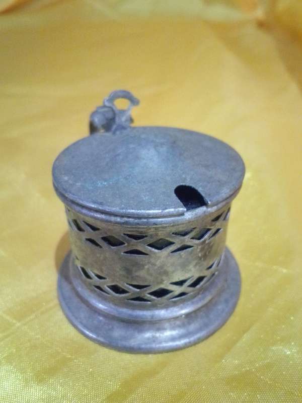 Vintage Plated Mustard Pot With Original Cobalt Blue Glass Inner