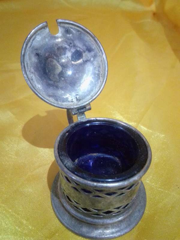 Vintage Plated Mustard Pot With Original Cobalt Blue Glass Inner