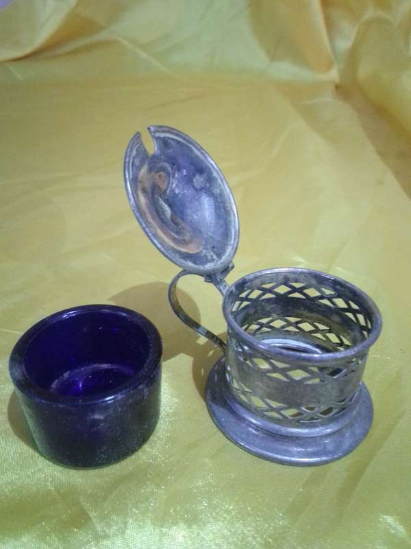 Vintage Plated Mustard Pot With Original Cobalt Blue Glass Inner