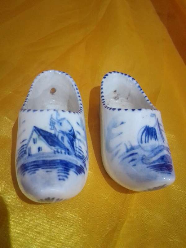 Pair Vintage Delft Blue Handpainted Clogs